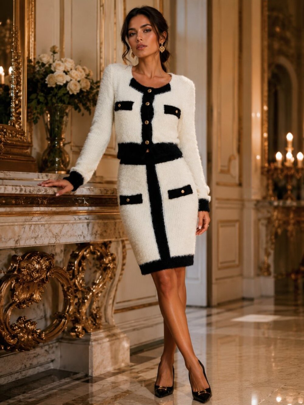 Renee C 2-Piece Eyelash Cardigan & Skirt Set Ivory  Sz.M NEW